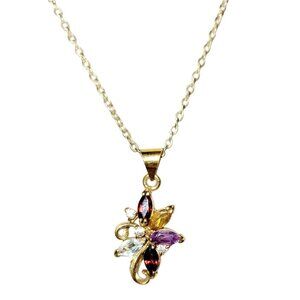Multicolored Dainty Pendant Necklace Gold Tone Chain and Glass Stones 19" Long